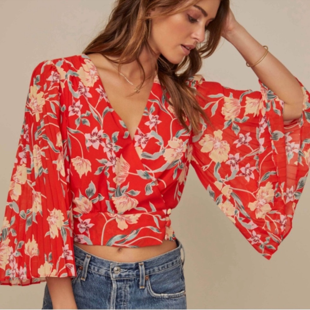 ASTR Pleated Sleeve Wrap Cropped Floral Blouse